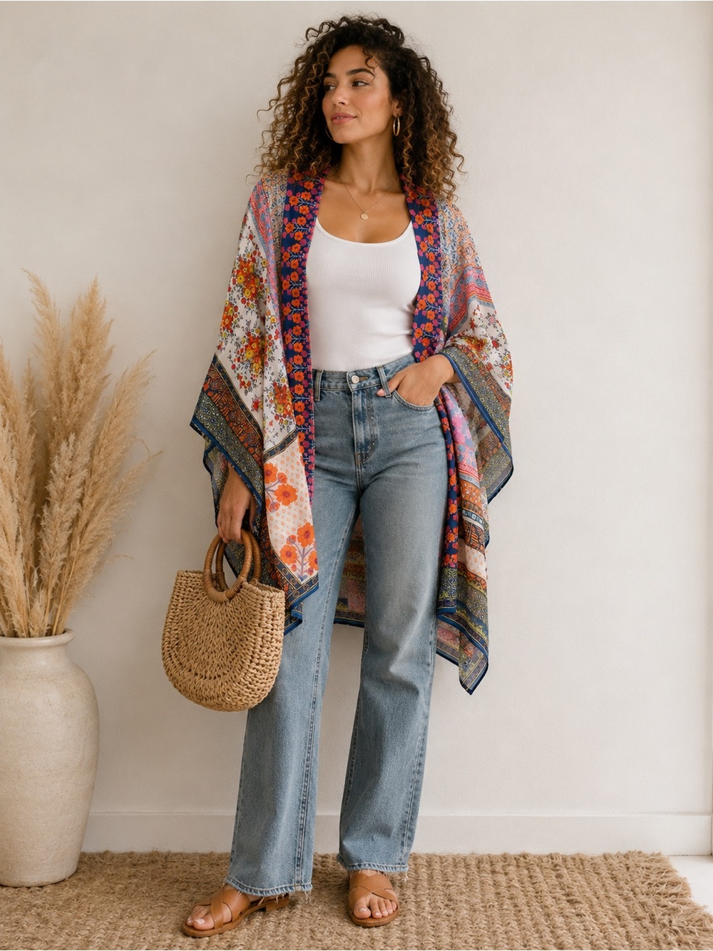 Rachel Zoe Boho Floral Patchwork Kimono Cardigan One Size Multicolor
